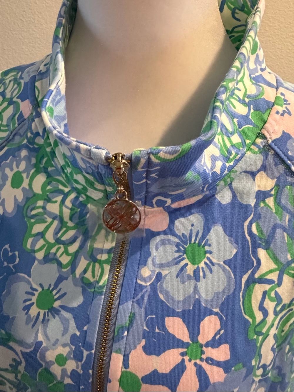 Lilly Pulitzer Blue Floral Zip Pullover with Pink and Green Accents - Picture 2 of 5